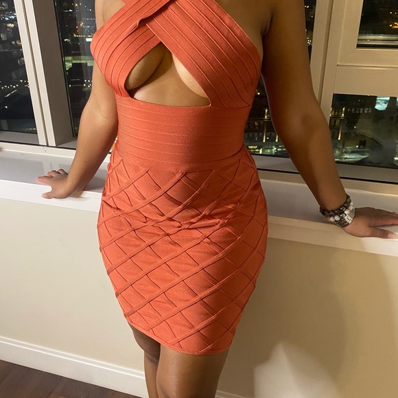 Burnt Orange Cross Neck Bandage Dress - Picture 4 of 11